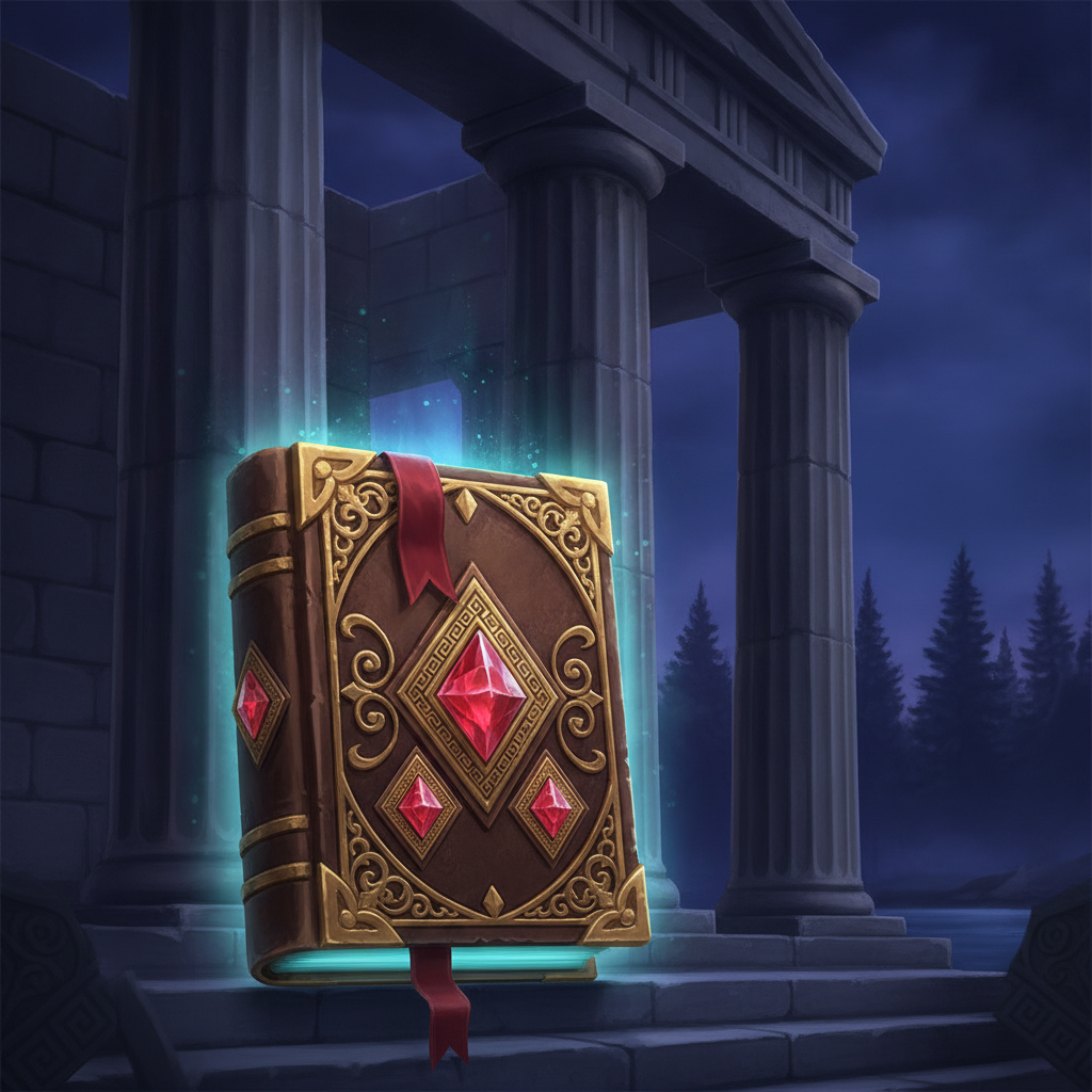 Book of 99 slot machine: libro antico dorato con ornamenti greci, simbolo Wild della slot, ambientato tra colonne di un tempio greco con cielo notturno