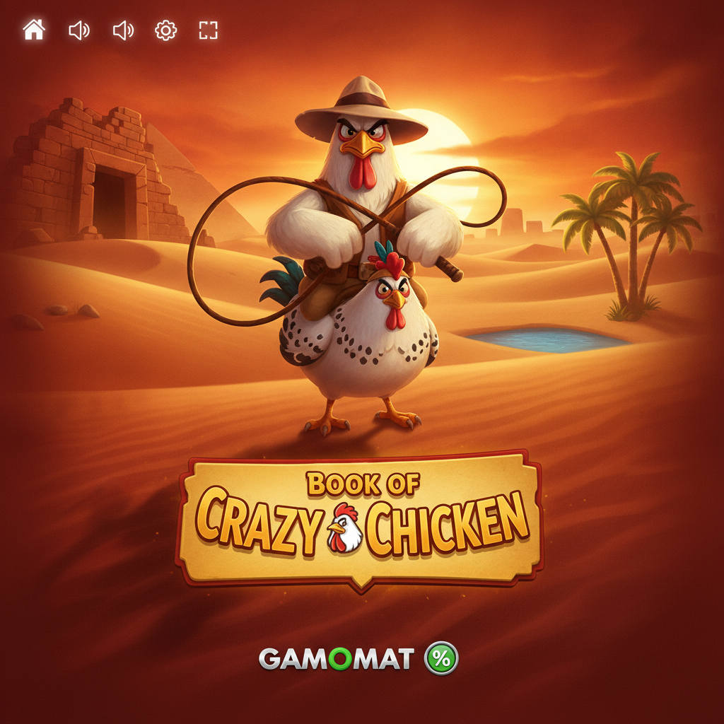 Book of Crazy Chicken slot machine - pollo esploratore con frusta e cappello fedora in stile Indiana Jones, ambientazione deserto egiziano con piramidi, simboli Book wild scatter, slot GAMOMAT a tema avventura