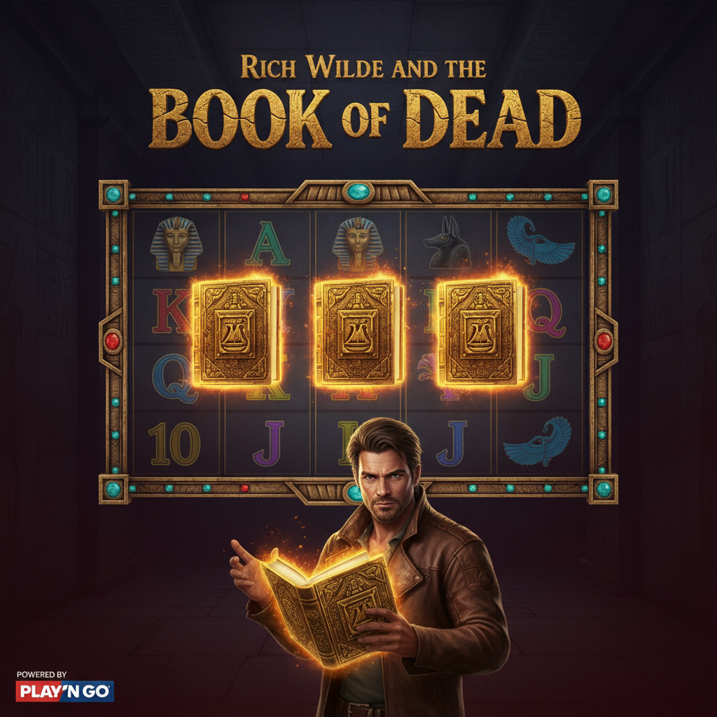 Book of Dead slot machine: Rich Wilde esploratore nel tempio egizio con il Libro d'Oro simbolo Wild e Scatter che attiva giri gratuiti