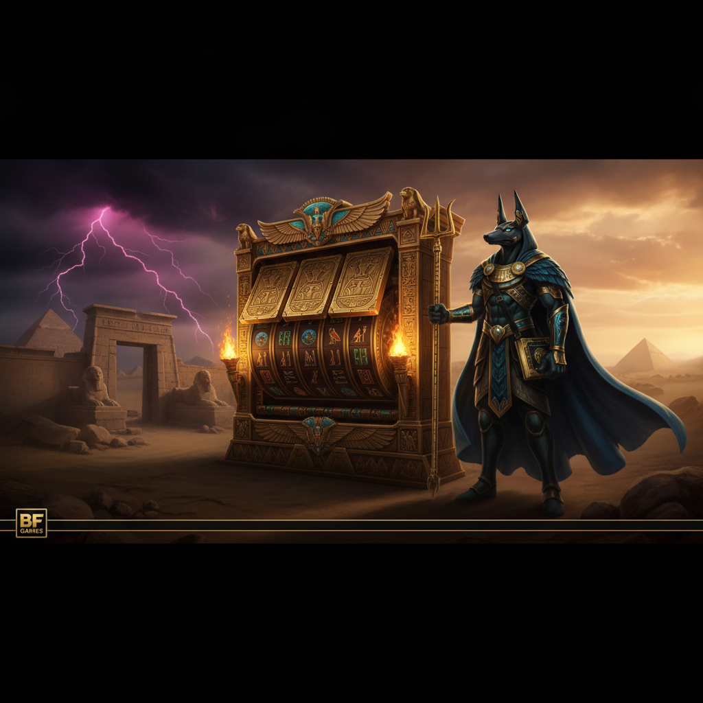 Book of Gates slot machine con Anubi, piramidi egizie, libro dorato con ankh e rulli espandibili - tema mitologia dell'antico Egitto by BF Games