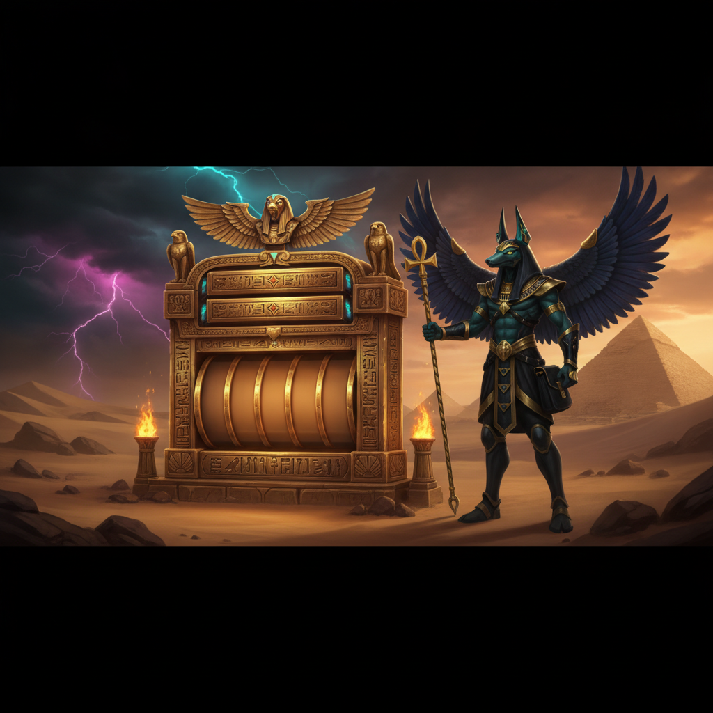 Book of Gates slot machine con Anubi dio egizio, piramidi e porte dorate del tempio, simboli Wild e Scatter del Libro sacro su sfondo del deserto con tempesta