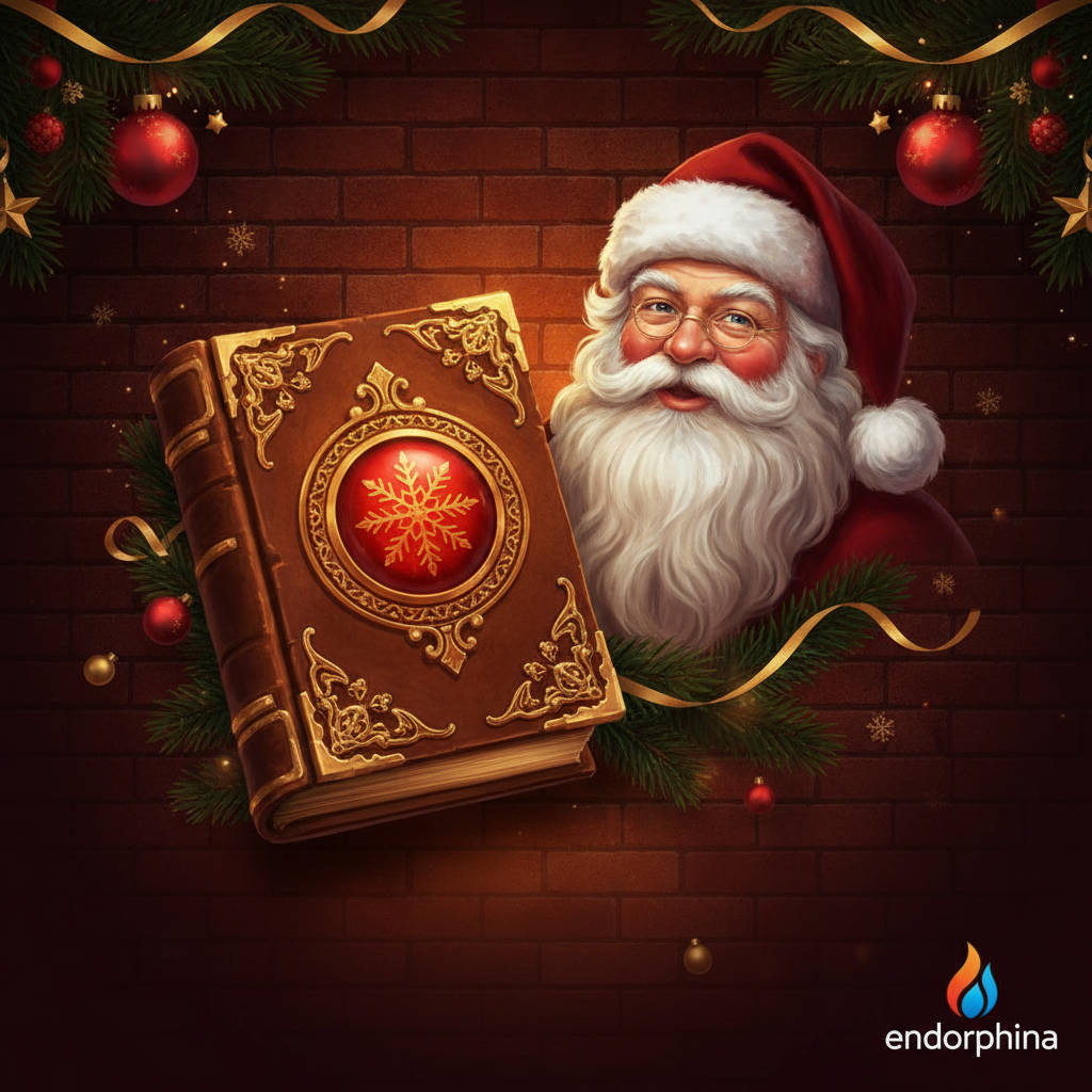 Book of Santa slot machine - Babbo Natale vittoriano con libro dorato ornato, rami di pino natalizi, simboli scatter e wild per giri gratuiti con espansione