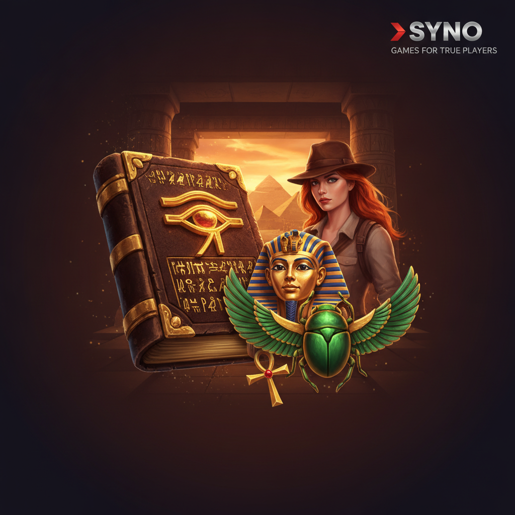 Book of Secrets kolikkopeli, muinainen kultainen kirja Horus-silmällä, naispuolinen tutkimusmatkailija ruskeassa hatussa, Egyptin pyramidit auringonlaskussa taustalla