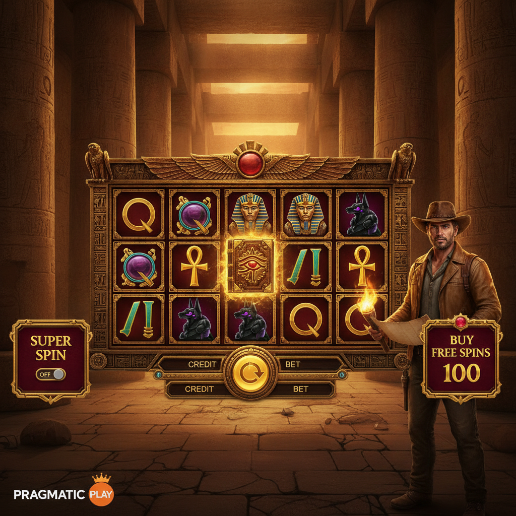 Book of the Fallen slot de Pragmatic Play mostrando el explorador aventurero en un templo egipcio dorado con columnas antiguas, jeroglíficos y el místico libro con el Ojo de Ra