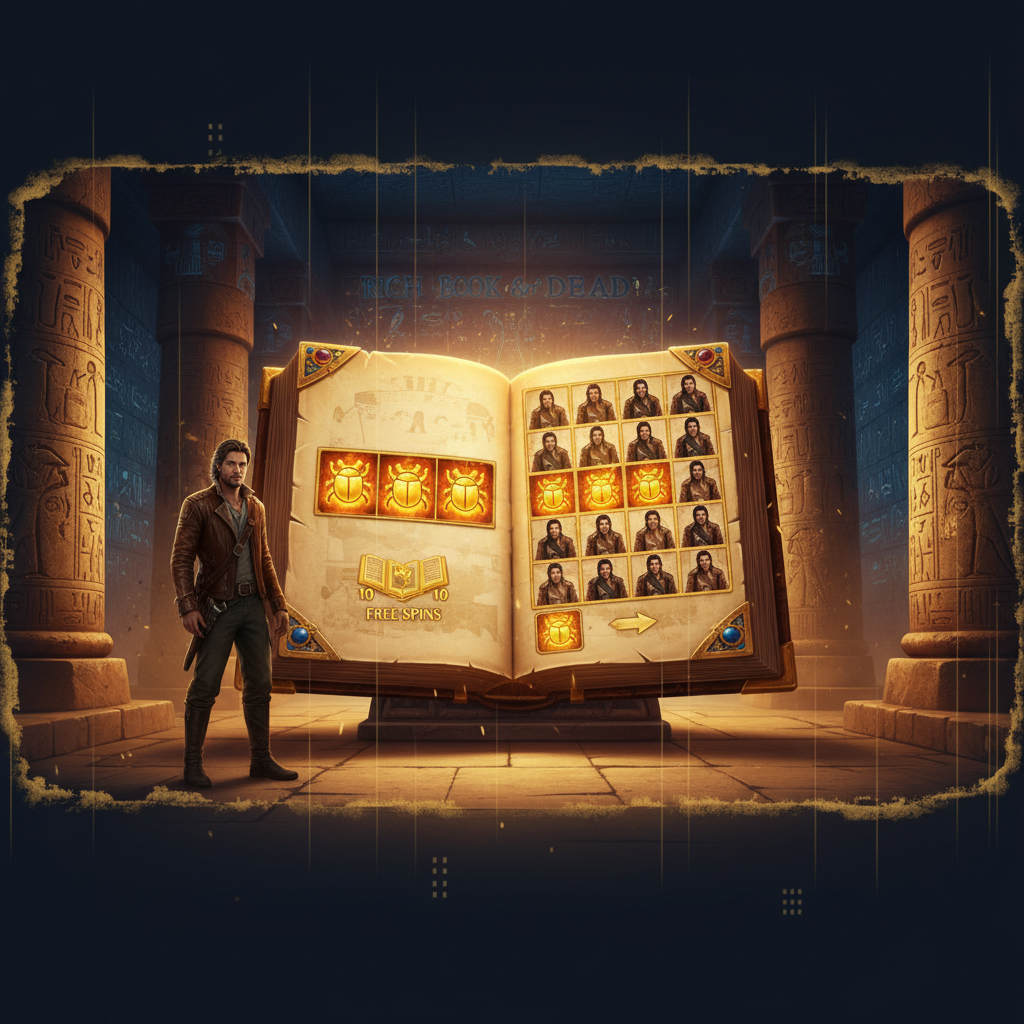 Rich Wilde and the Book of Dead slot game showing ancient Egyptian tomb interior with golden artifacts, mystical Book of Dead, hieroglyphic symbols, and the adventurer Rich Wilde character