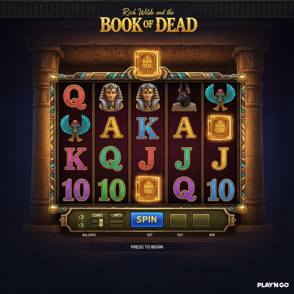 Rich Wilde and the Book of Dead Slot: Abenteurer Rich Wilde vor goldenem ägyptischen Tempel mit mystischem Buch der Toten, antike Säulen und Hieroglyphen im Hintergrund